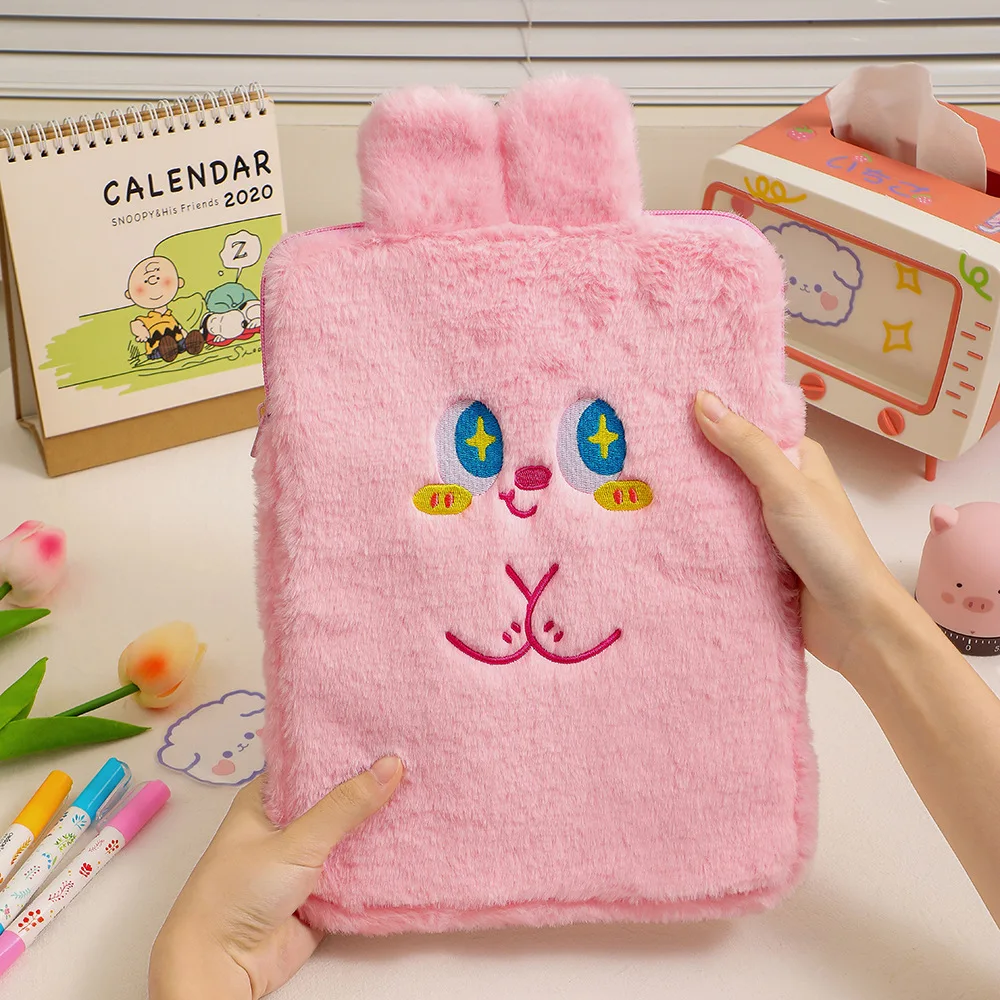 Flannel Bear Handbag Soft 10.5 11inch Mac Ipad Case Holder Cartoon Cotton Travel Business Ipad Case Purse Embroidery Cute Bag