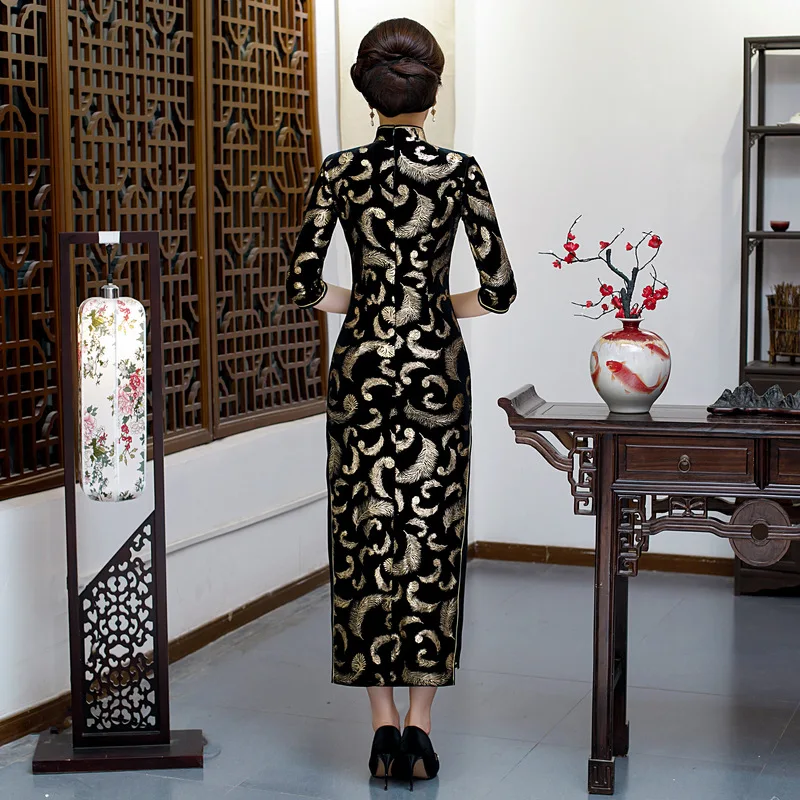 Chinese Women Evening Dress Print plumage cheongsam velvet vestidos chinese dress wedding Dress Size M-4XL
