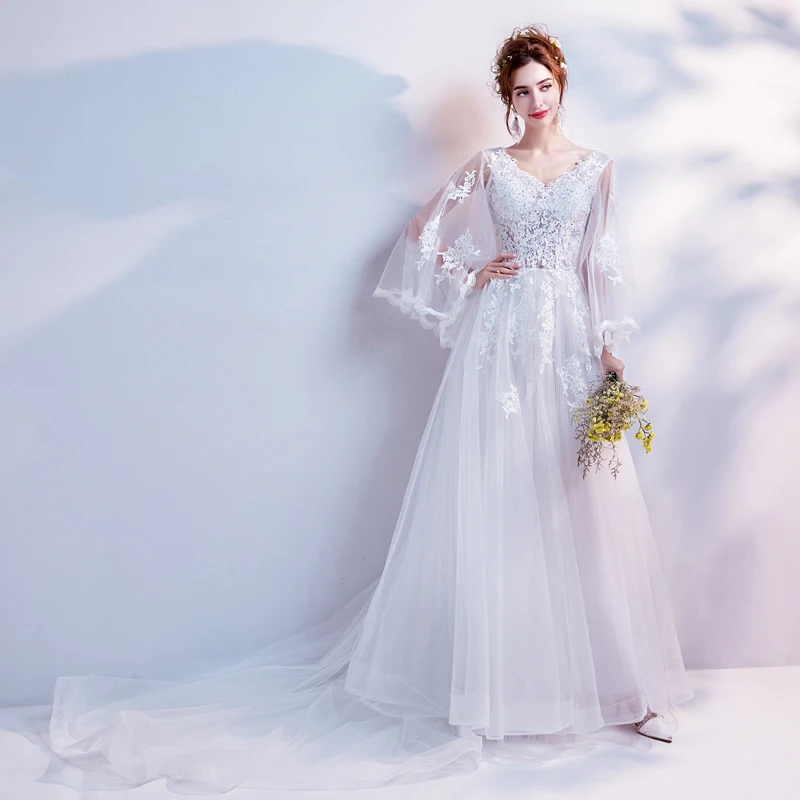 Robe De Mariee, v-образный вырез, длинные рукава, Vestidos De Noiva, со шлейфом, кружевное свадебное платье с аппликацией, тюль, ТРАПЕЦИЕВИДНОЕ женское свадебное платье