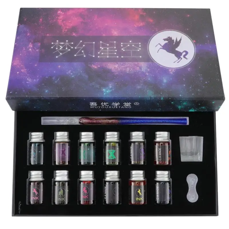 

1Set 15/7Pcs Crystal Glass Pen Starry Sky Dip Pen Glitter Powder Fountain Pen 12/4 Colors Ink Gift Box Set Writing Supplies