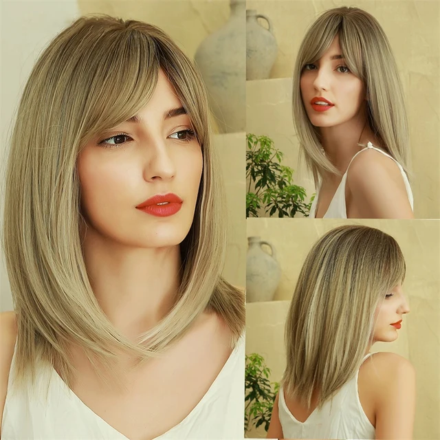 JONRENAU Long Natural Synthetic Straight Layered Hairstyle Wig Black Ombre Brown To Blonde Wigs for Black Women with Bangs Hair lc299