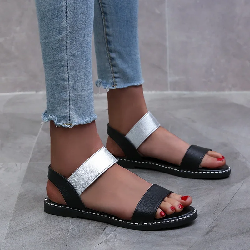 

Flat Beach Sandals Women Roman Sandals PU Leather Summer Ladies Sandal Casual Summer Shoes Patchwork Woman Sandals 2020