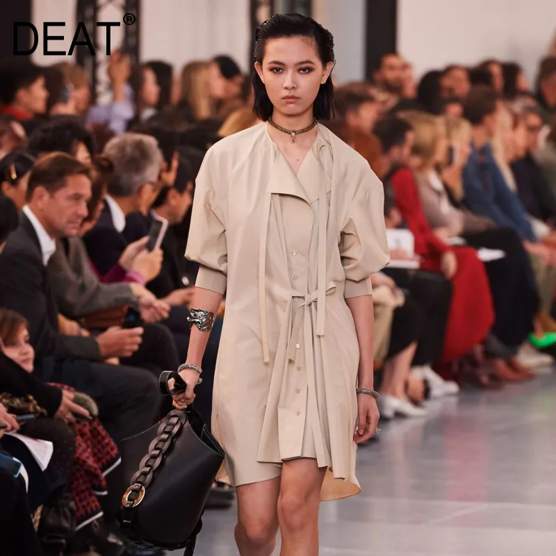 

DEAT 2020 New Spring Summer Solid Color Lapel Ribbon Mid-length Dress Women Vintage Loose Temperament Popular Clothing PD894