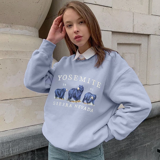 Women Drop Shoulder Embroidery Bears Front Oversized Sweatshirt