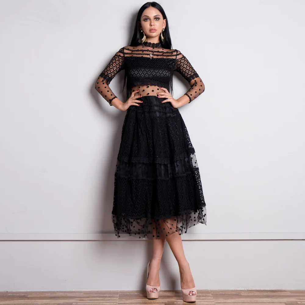 

New sexy high collar long sleeves dot dress lace perspective casual elegant mesh women skirt evening party women dress wholesale