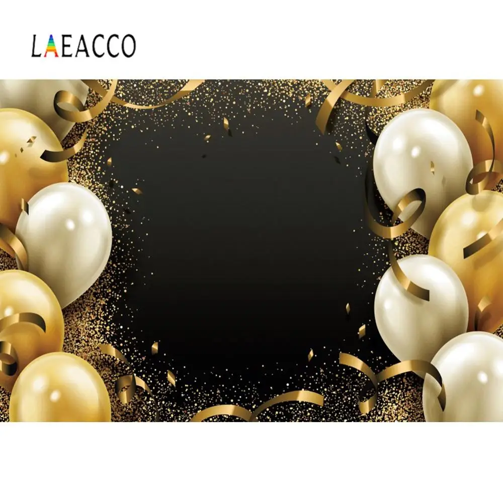 

Laeacco Silver Golden Balloons Birthday Party Ribbons Dots Baby Child Banner Photo Background Photographic Backdrop Photo Studio