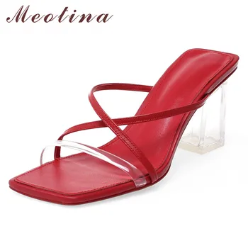 

Meotina Summer Slides Women Shoes Natural Genuine Leather Thick High Heel Shoes Transparent Open Toe Slippers Lady Sandals 33-40