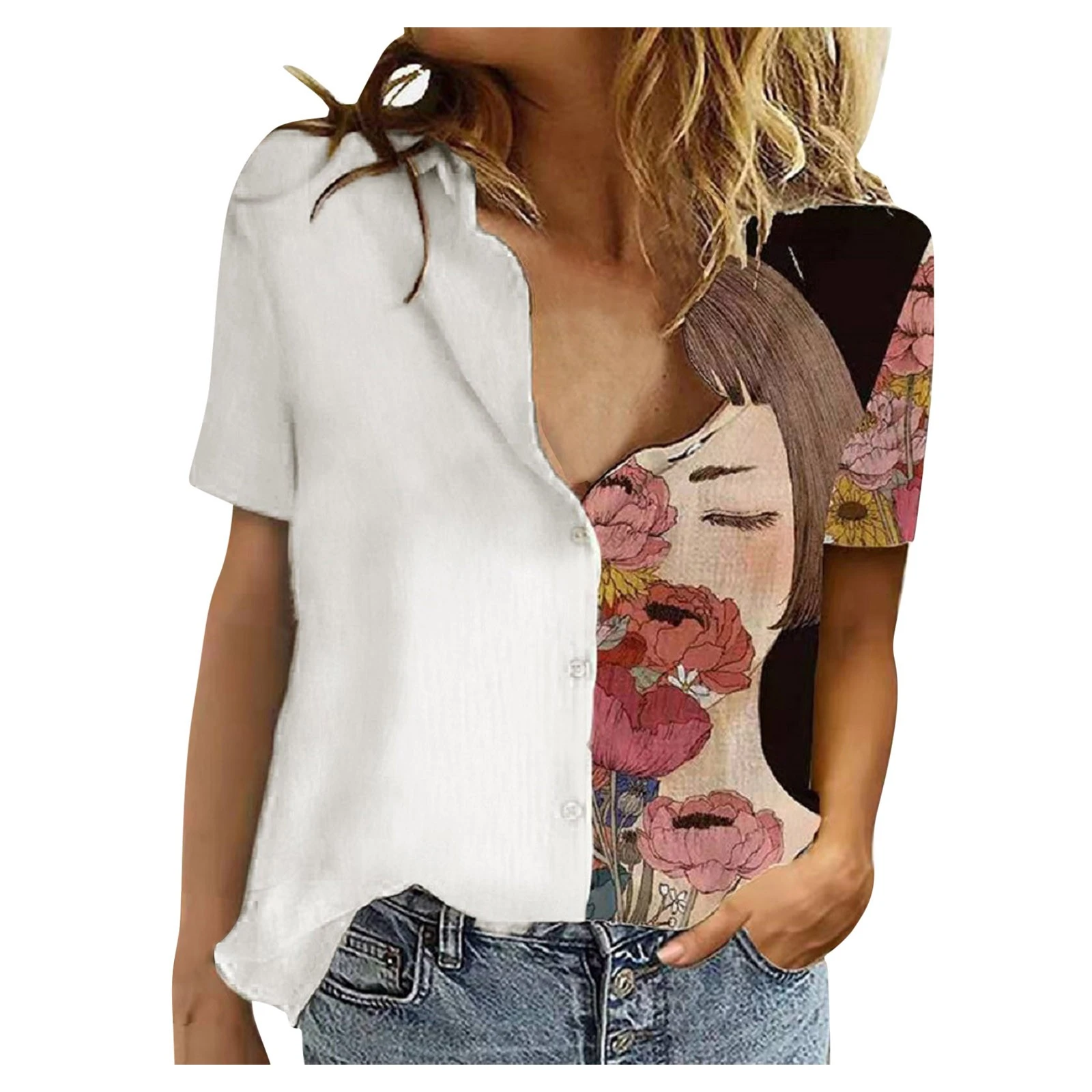 Camisas de diseño coreano con varias telas para mujer, blusas gran tamaño con cuello vuelto, de corta, una hilera de botones, de verano|Camisa| - AliExpress