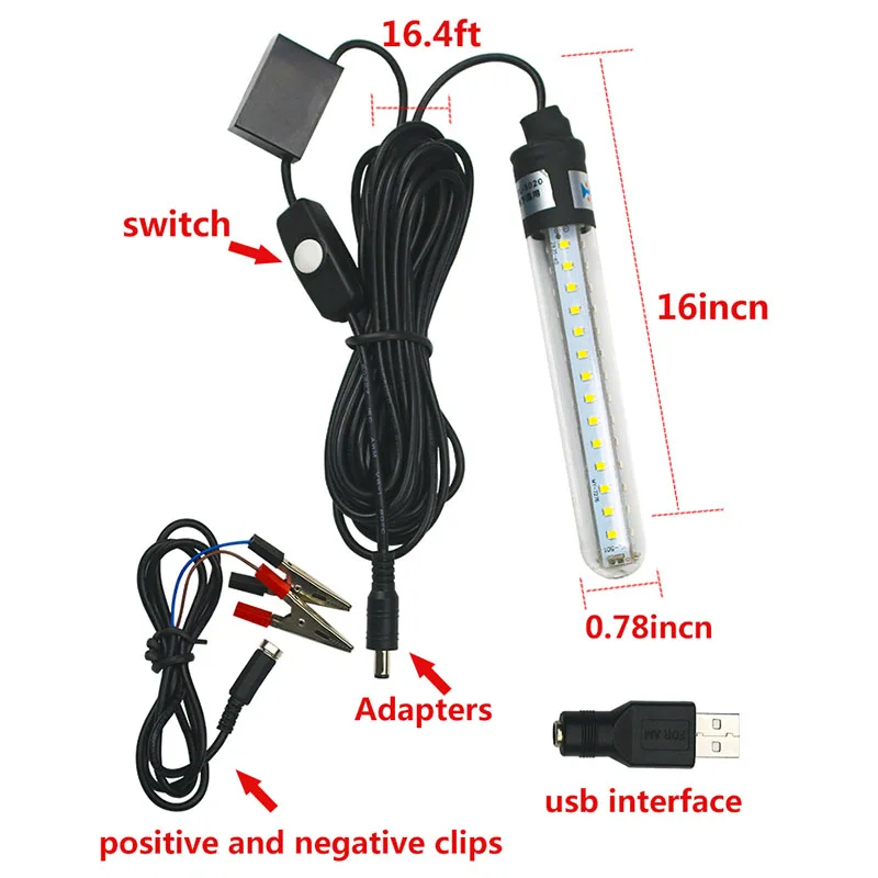 6.5W 5v-12v 650 lumens LED diving fishing light 6-sided underwater fish hunting with 5m cable supports battery connection |