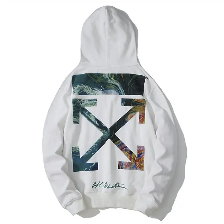 Градиент звездное небо граффити стрелка Off-White OW Мужчины Женщины Осень Зима Мода хлопок свободная толстовка с капюшоном куртка - Цвет: White