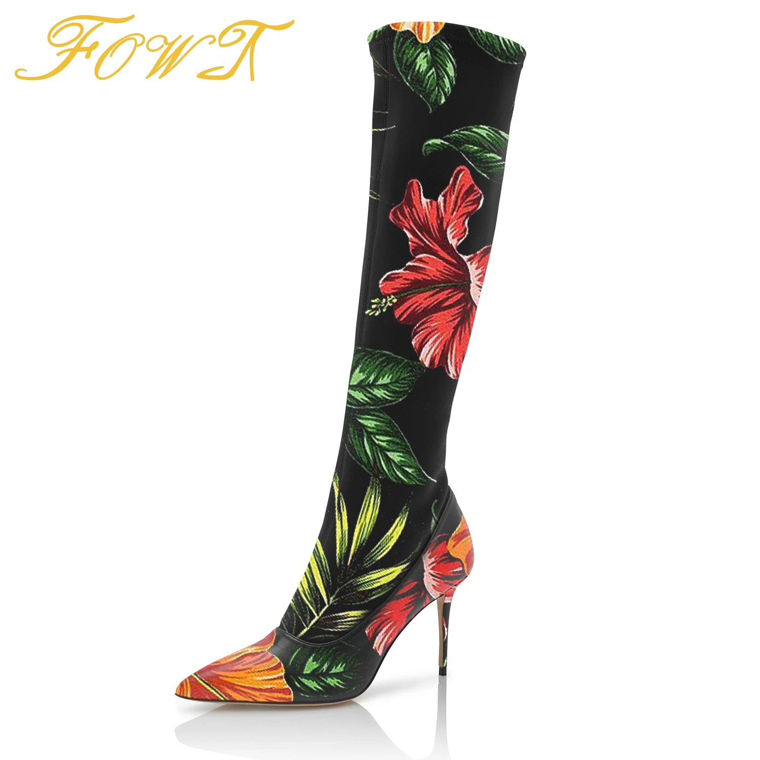 

Retro Flower Print Stiletto High Thin Heels Knee-High Boots Women 2022 New Autumn Pointed Toe Long Booties Party Dress Shoes 44