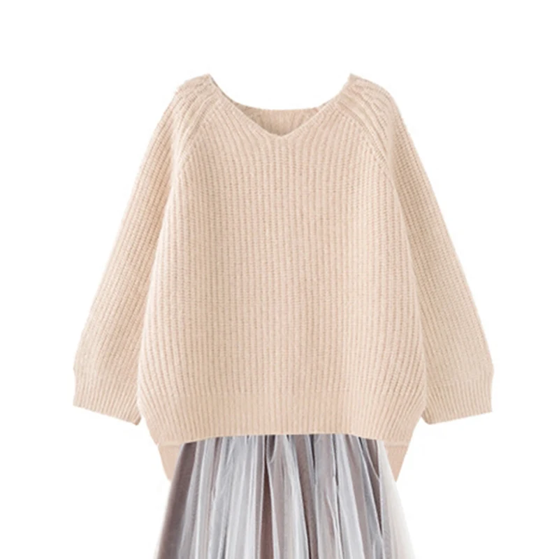 Apricot Top Женские комплекты одежды для отдыха, однотонная универсальная вязаная элегантная одежда, женская s Kawaii сетчатая юбка, корейский стиль, зимний комплект из 2 предметов - Цвет: Apricot Top
