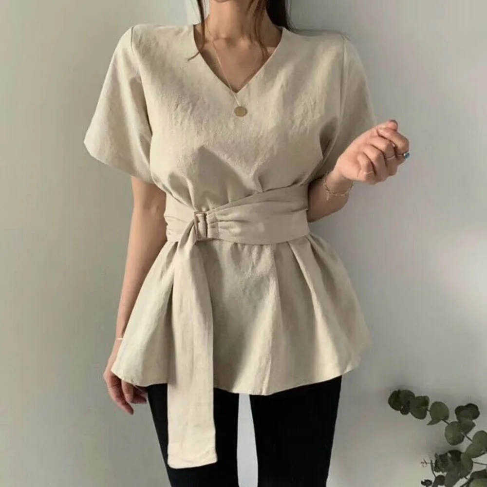

Korean Designer Fashion Blouse Women Summer High Waist Belted Elegant Office Ladies V-neck Linen Short Sleeve Female Tops Khaki