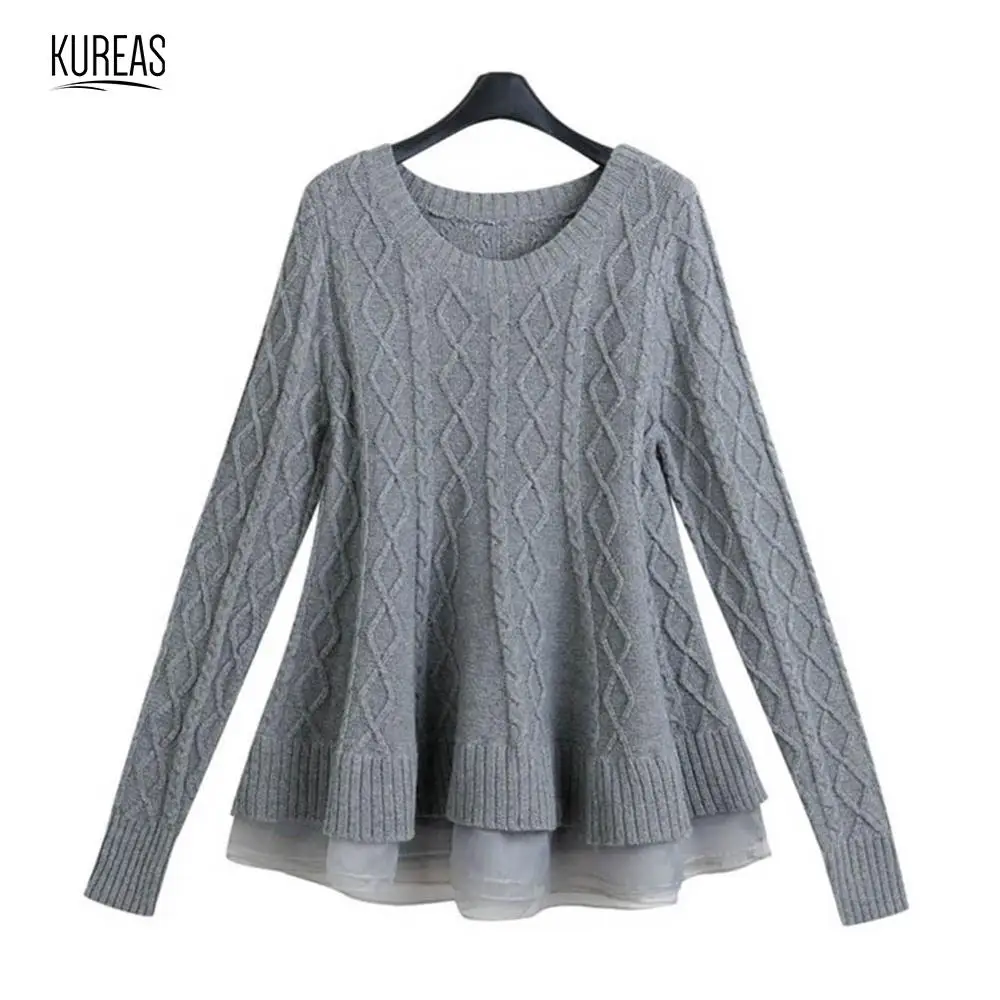 

Kureas Women Knitted Sweater Free Size Casual Pleated Baggy Lace Patchwrok Long Sleeve Pullover Tops Winter Autumn
