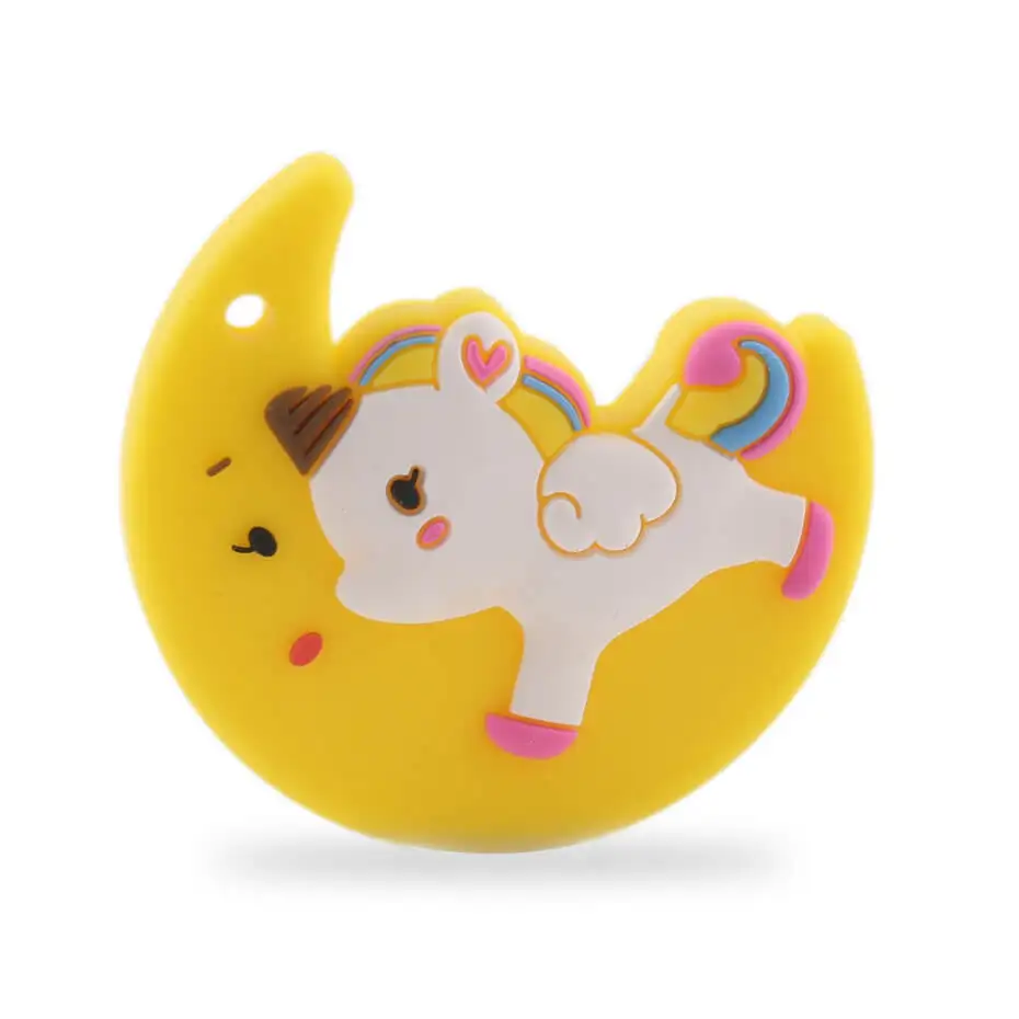 Yellow Moon Unicorn BPA бесплатные Силиконовые Прорезыватели для зубов Еда Класс крошечные стержнем для творчества, игрушки-прорезыватели Цепочки и ожерелья Baby Shower подарки мультфильм Животные Прорезыватель для зубов, 1 шт - Цвет: Yellow Moon Unicorn