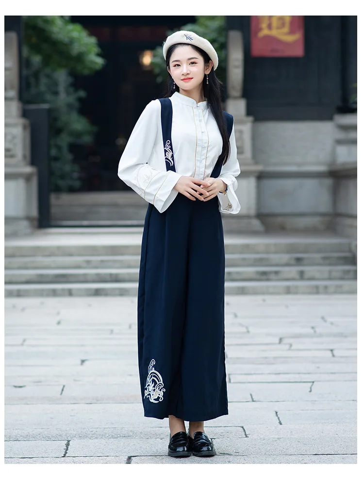 6889 han dynasty Element, вышитая подвеска на шнуровке с бантом, свободные штаны, комплект с рубашкой с длинными рукавами