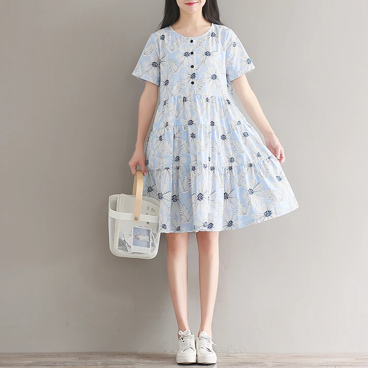 Ori/летнее женское синее платье с оборками, хлопковое, льняное, свободное, Vestidos Femininos, с коротким рукавом, с цветочным принтом, Многоярусное платье, AE723