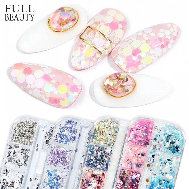 

12 Grids Colorful Acrylic Sequins Flakes Nail Mirror Sparkly Paillette Glitter Hexagon Round Mixed Nail Art Decoration CH1517