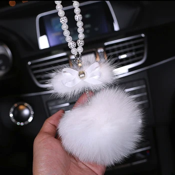 

Fashion Fur Ball Car Rear View Mirror Accessories Pearl Car Hanging Ornaments Cute Car Accessories Girls Women Beautiful Gifts
