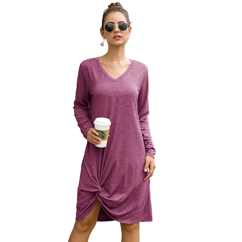 

Irregular Hem Knit Long Sleeve Dress 2019 Fashion Sexy Autumn and Winter New Loose V Neck Dress Plus Size