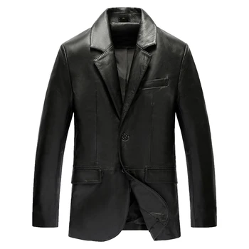 

New Autumn Winter Mens Slim Long Blazer Genuine Real Leather Sheepskin Suits Jacket Coats Double Button Business Casual