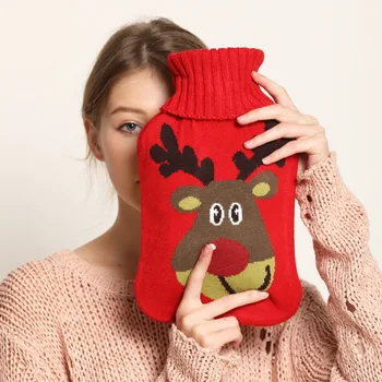 

2 Liter Classic Rubber Hot Water Bottle with Knit Cover Cute Christmas Animal Pattern Hand Warmer for Girl Kid Winter New