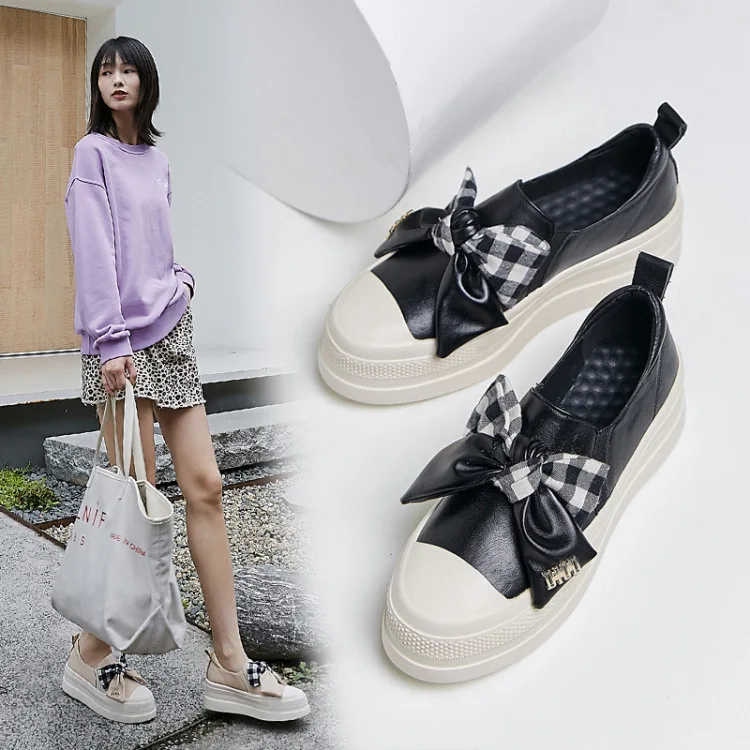 

Loafers Women's Slip-on 2019 Autumn New Style Genuine Leather Flat Shoes Casual Shoes Bow Thick Bottomed Platform Shoes