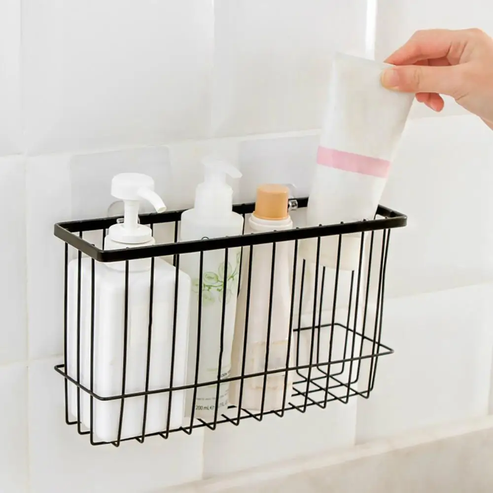 No Punch Required Kitchen Bathroom Shelf Basket Bin Storage Rack Mesh Organizer 