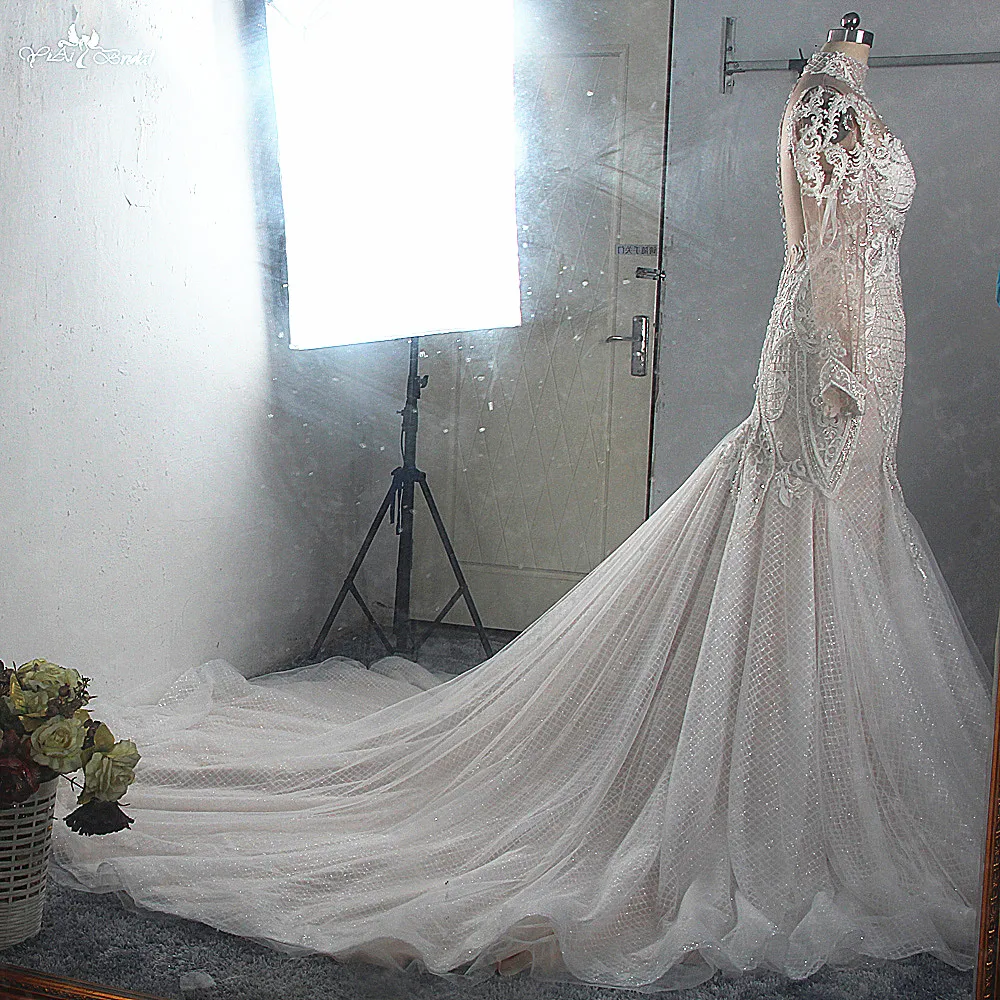 RSW1617 роскошное тяжелое бисерное кружевное платье Suknia Slubna с высоким вырезом и длинными рукавами, иллюзионное сзади Свадебное платье русалки