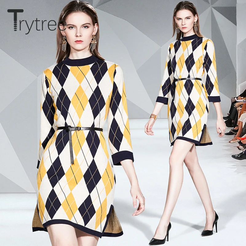 Trytree осень зима повседневное женское платье с О-образным вырезом и поясом трапециевидной формы модное трикотажное клетчатое желтое мини-платье с разрезом на подоле для офисных леди