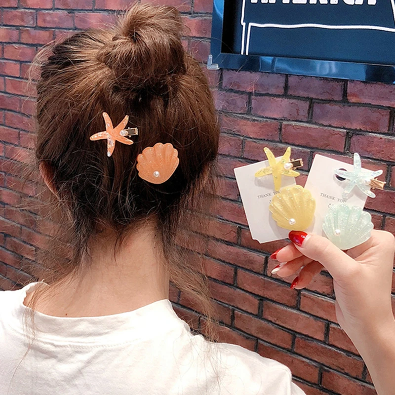 

INS 2pcs/set Starfish Shell Hair Clips for Women Shiny Imitation Pearls Hairpins Girls Metal Barrettes Beach Headwear