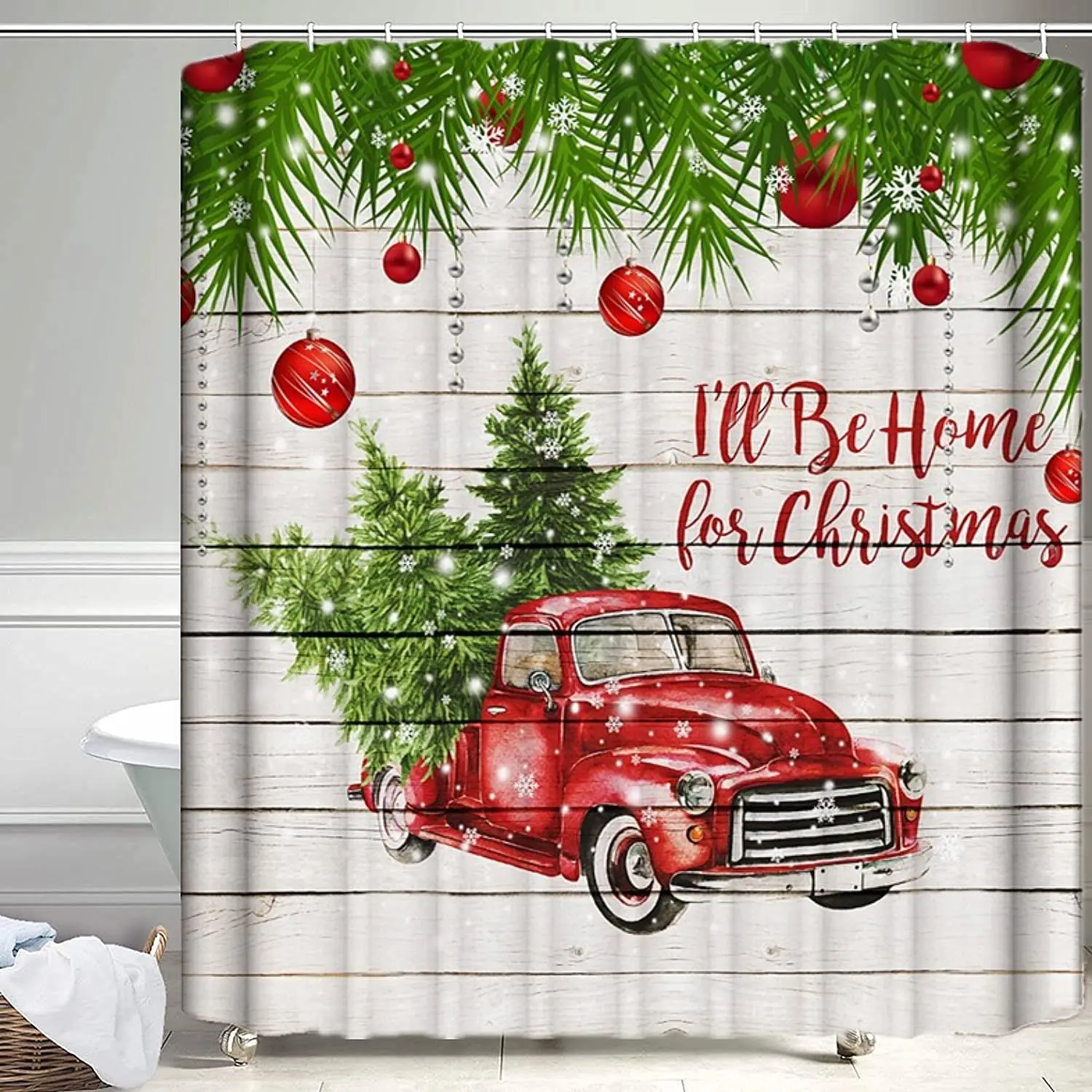 Merry Christmas Home Shower Curtain Waterproof Bathroom Xmas Polyester 12 Hooks 