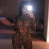 Sexy Turtle Neck Animalia Catsuit Stretchy Mesh Leopard Print Jumpsuits With Open Sleeves In The Style of Kylie jenner