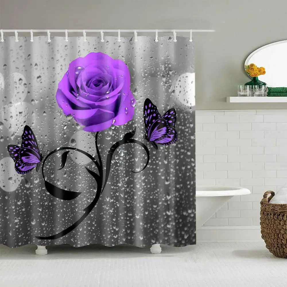 

Waterproof Thicken Purple Flower Butterfly Grey Bathing Bhite Bathroom Polyester Mildew Proof Shower Curtain with 12 pcs Hooks