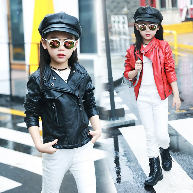 

2018 Spring New Style Girls Korean-style Oblique Zipper Leather Coat Middle And Large Girls Fashion-Style Coat a Generation of F