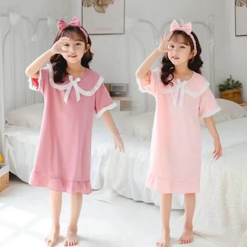 Girls Summer Thin Short-sleeved Nightdress Children's Cotton Lace Pajamas Princess Style Little Girl Baby Lapel Home Service