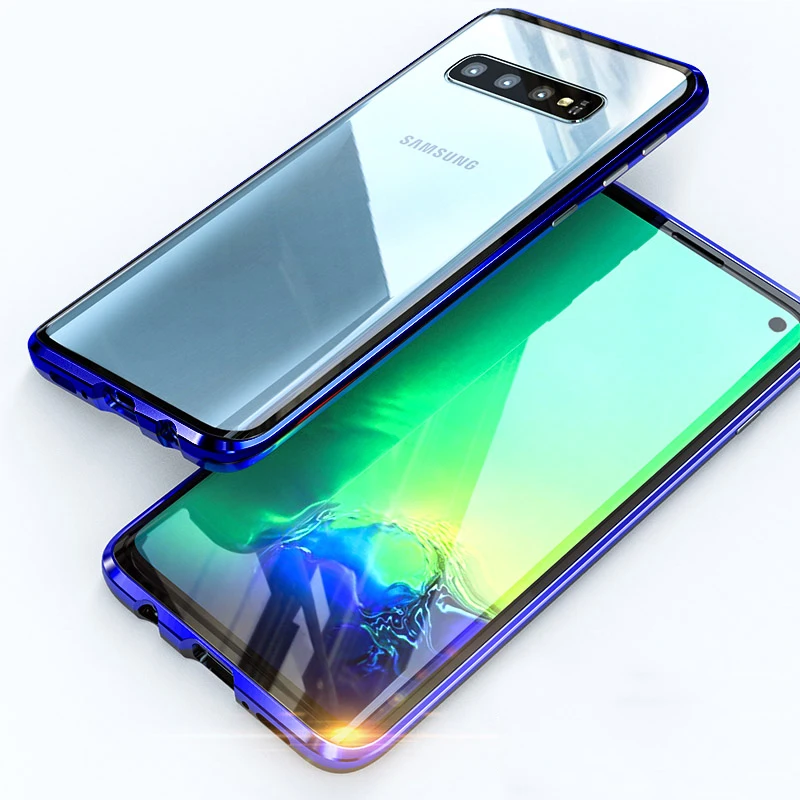 Blue Адсорбция второго поколения магнитное металлическое двойное закаленное стекло чехол для samsung Galaxy M30 M20 A8 PLUS A9 A7 чехол - Цвет: Blue