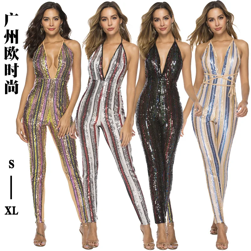 

Woman Sexy Striped Sequins Strappy Halter Jumpsuit Female Backless Deep V Nightclub Bodycon Romper Plus Size Slim Long Pants 2XL