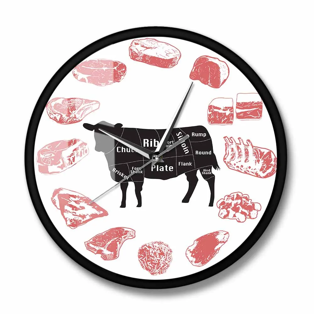 Angus Beef Chart Minimalist Wall Clock Steak House Farmhouse Kitchen Wall Art Silent Quartz Clock Cow Meat Cut Butcher Art Clock 6