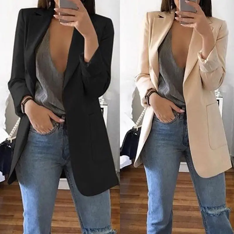 Ladies Solid Long Sleeve arrival Lapel Notched Slim Cardigan Outdoor Blazer Women Casual OL Blazers Coat