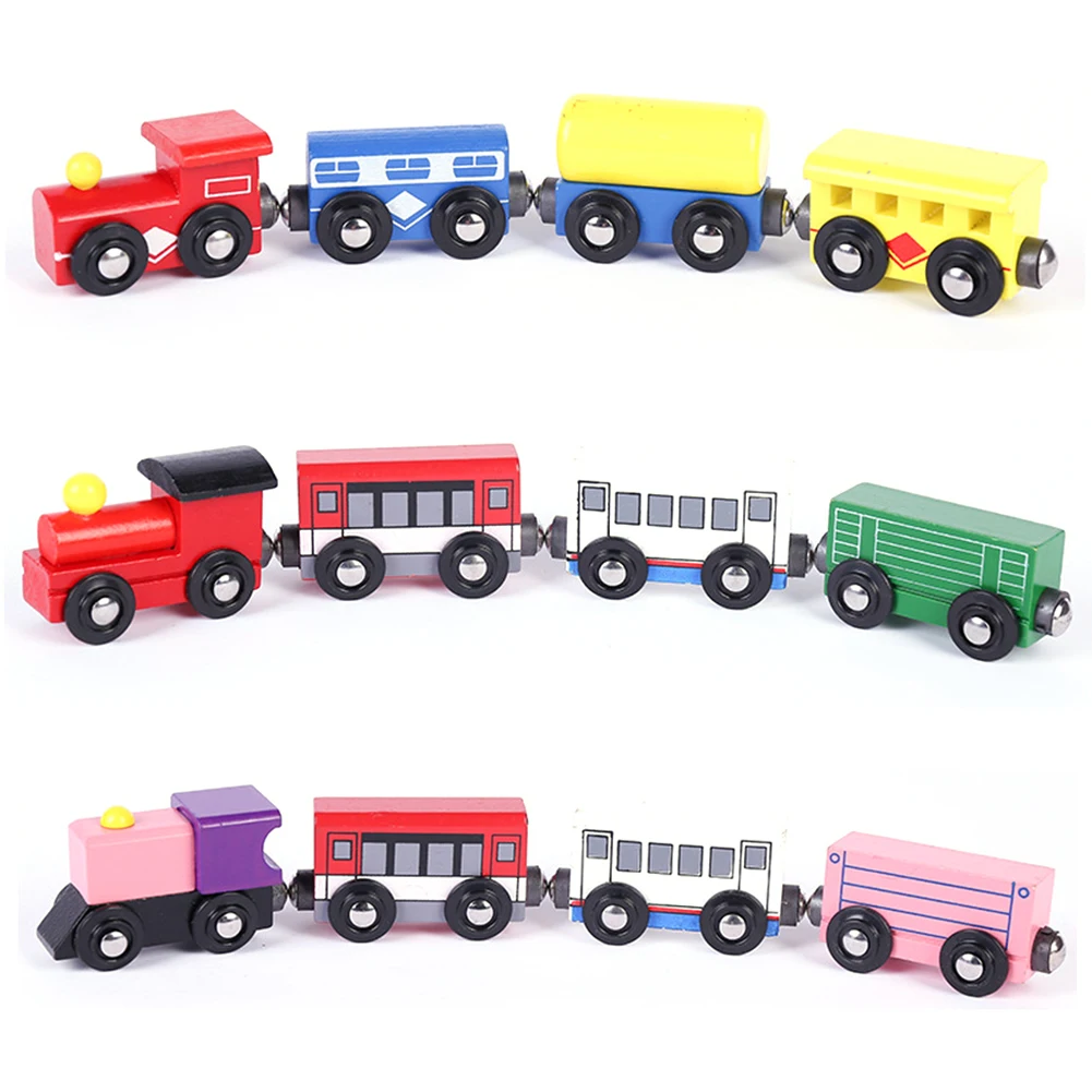4Pcs Detachable Magnetic Wooden Miniature Train Carriage Model Developmental Kids Toy Gift roco train model 1 87 ho e type suitable for n type track small wooden frame carriage two 34603 log color