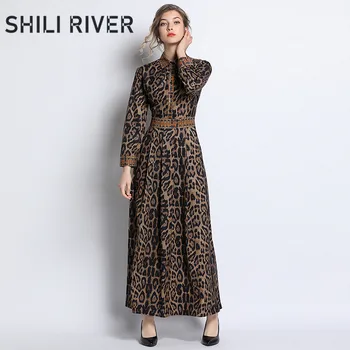 

New spring autumn ankle length dress for women a line long sleeve vintage elegant print leopard pleated full dress with collar