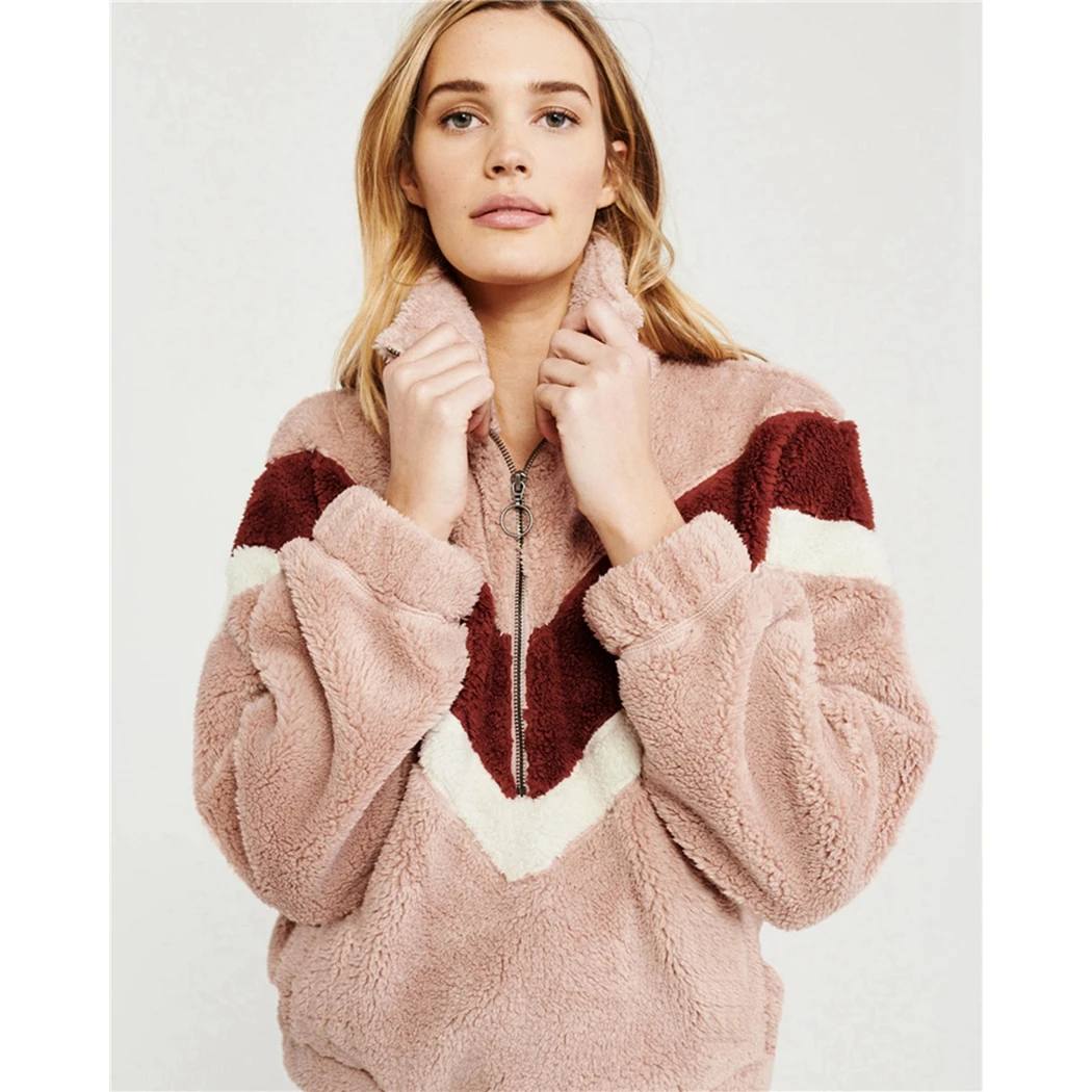 

Womens Winter Fleece Sweatshirt 2019 Fashion Elegant Long Sleeve Zip Up Patchwork Hoodie Streetwear Fuzzy Pullover Pull Femme