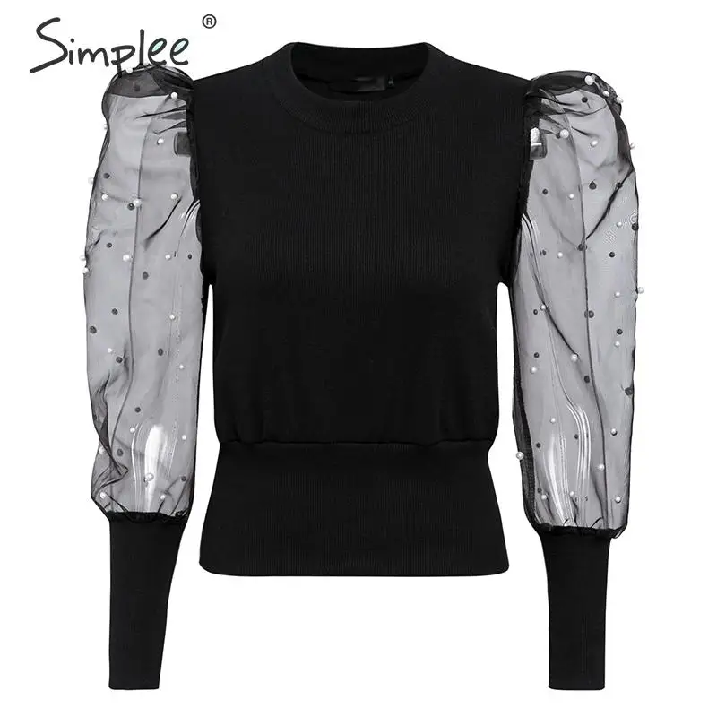 Goede Simplee Elegante Parel Mesh Blouse Shirt Vrouwen Bladerdeeg Mouw Vrouwelijke Gebreide Top Overhemd Herfst Verkocht Casual Party Wear Dames Tops