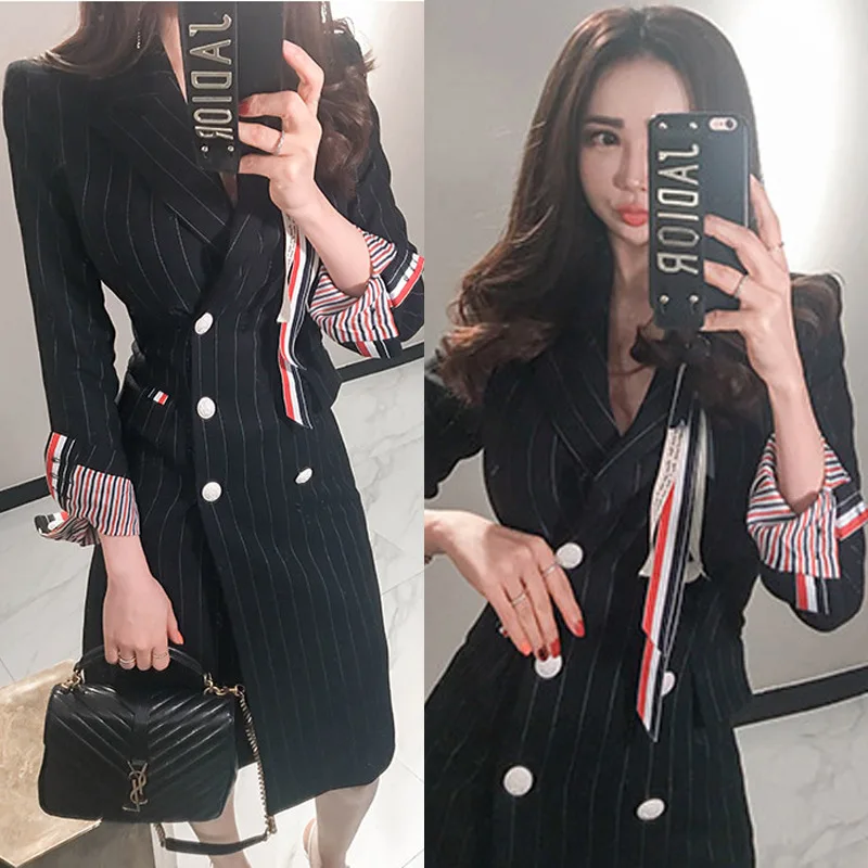 

Charm Chen 2019 Autumn And Winter New Style Korean-style Ol Stripes Double Breasted Slim Fit Dress Suit Jacket WOMEN'S Dress