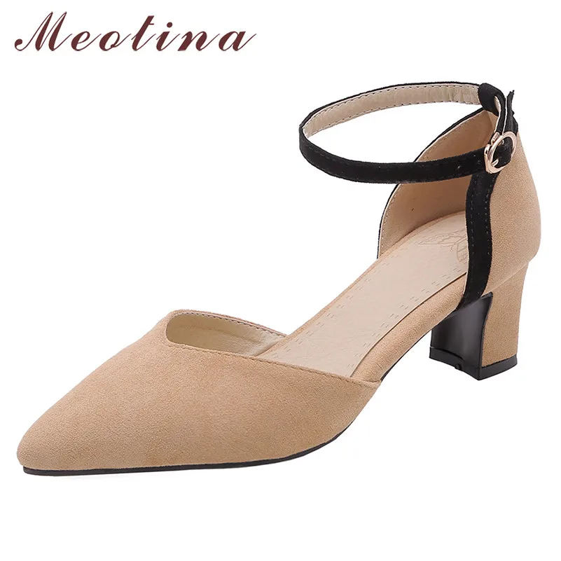 

Meotina High Heels Women Pumps Buckle Chunky High Heels Party Shoes Elegant Pointed Toe Ankle Strap Shoes Female Plus Size 33-46