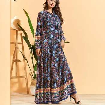 

[EWQ] 2020 Spring Summer New Arrivals O-neck Full Sleeve High Waist Print Pattern Women Casual Loose Floor-length Dress AW71809M