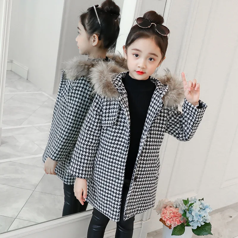 

2018 New Style Autumn & Winter Long Girls' Shirt Big Boy Winter Style Coat Children plus Cotton Plaid Wool Woolen Overcoat