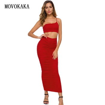 

New Autumn Sexy Women's Set Red Women Tracksuit Plus Size Two Piece Set Strapless Top Pleated Long Skirt Women Suit Women Outfit