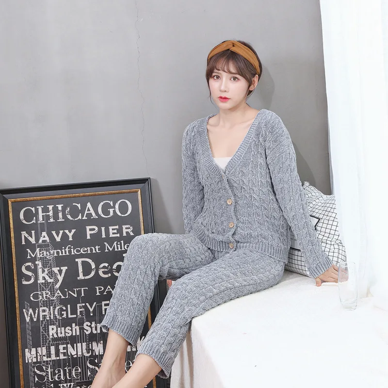 

Autumn And Winter Cardigan Solid Color Simple Knitted Yarn Pajamas Women's Elegant Casual Thick Warm Tracksuit